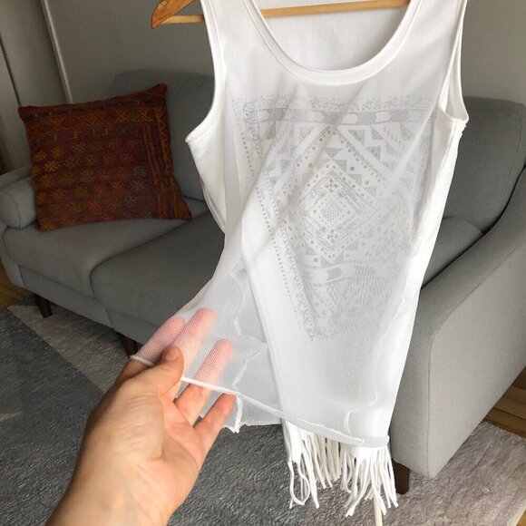 San Fransisco White Fringed Tank Top Sheer Scoop Neck Festival Summer Women's M - Picture 3 of 16